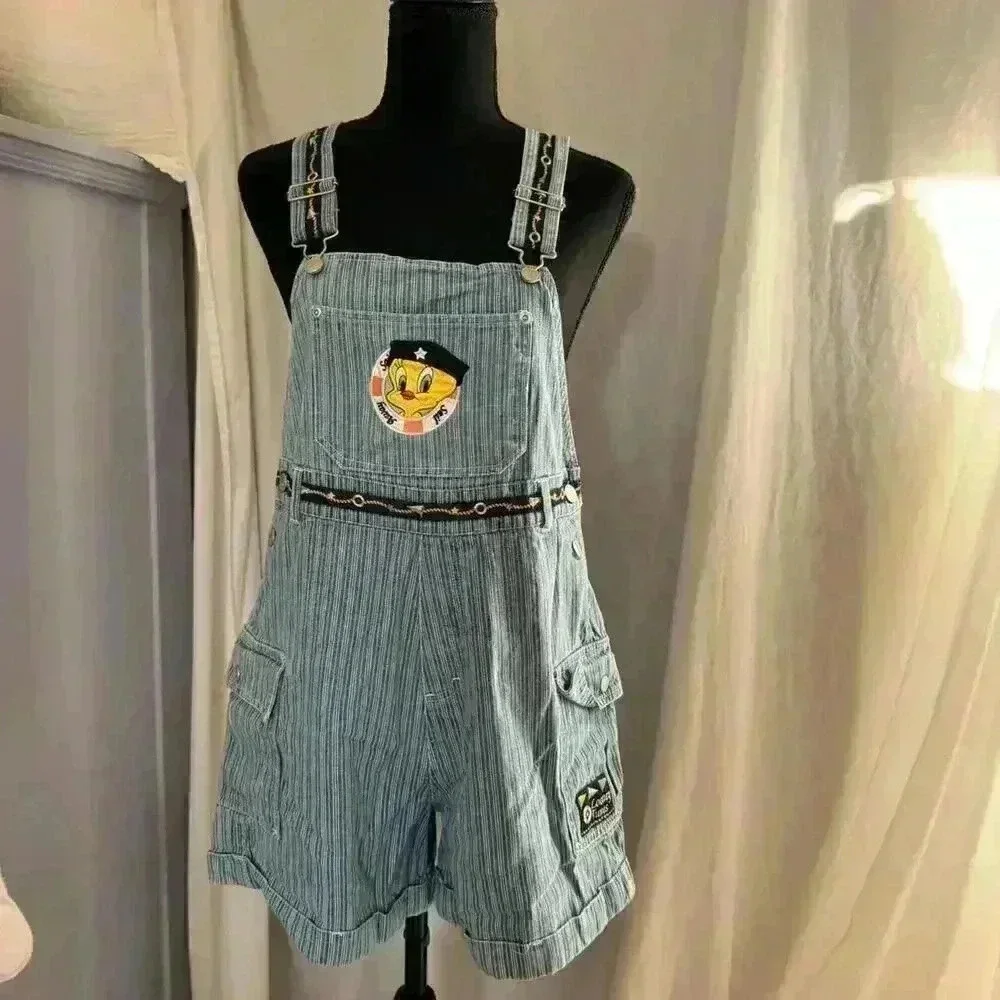 Vintage 90s‎ tweety bird overalls youth size 16 shorts stripes nautical kidcore